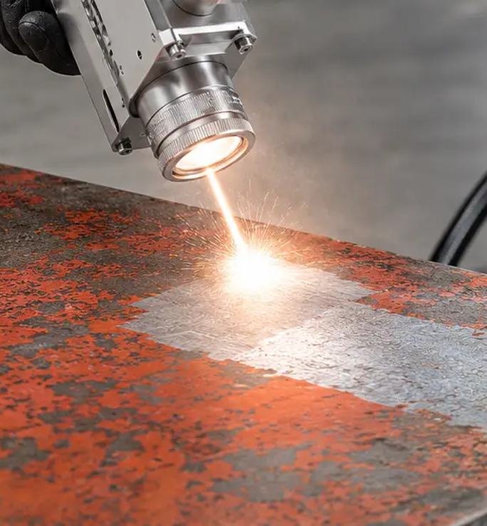 Faisceau laser retirant la rouille d'une plaque d'acier