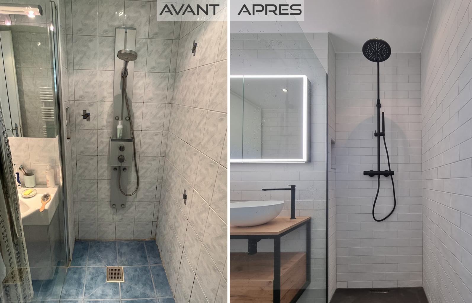 Salle de bains avant / après : ancienne douche carrelée remplacée par une douche à l'italienne